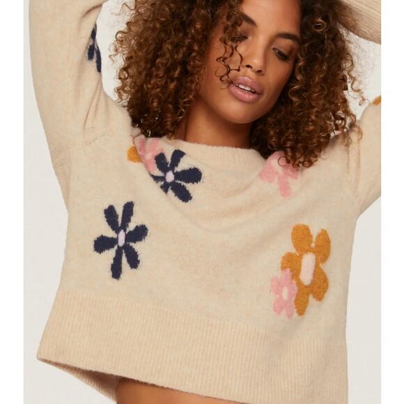 Rails Cream Long Sleeve Wool Blend Floral Crew Neck Soft Sweater L - Picture 1 of 7